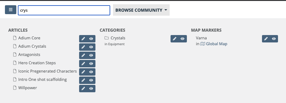 World Anvil’s quick search, which  makes it the ultimate worldbuilding organizer